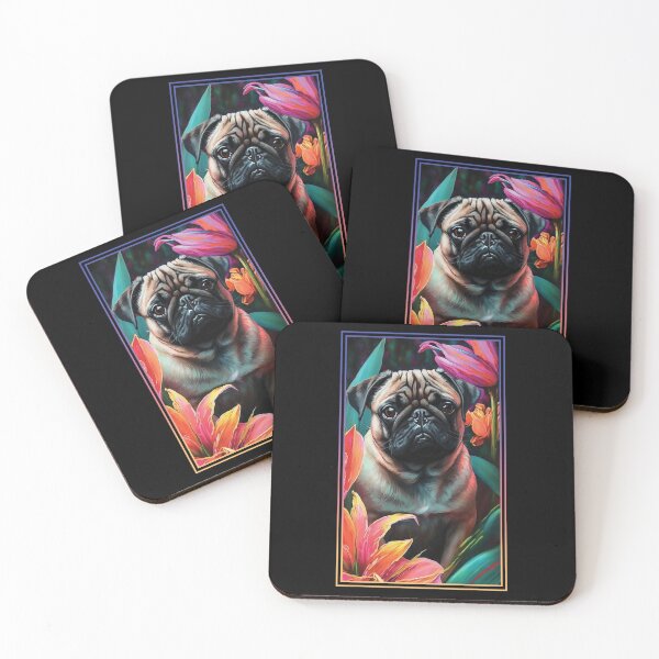 Artikelvorschau, Pug Dog Vibrant Tropical Flower Tall Digital Oil Painting Portrait  entworfen und verkauft von arthouseflunky.