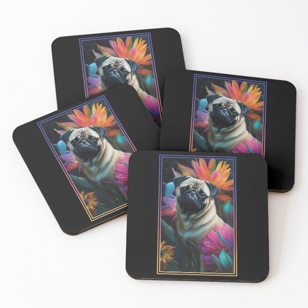 Artikelvorschau, Pug Dog Vibrant Tropical Flower Tall Digital Oil Painting Portrait 2 entworfen und verkauft von arthouseflunky.