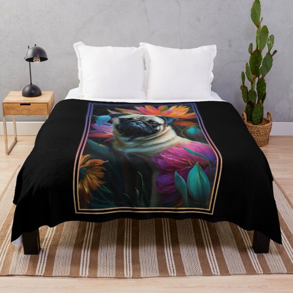 Item preview, Pug Dog Vibrant Tropical Flower Tall Digital Oil Painting Portrait 2 designed and sold by arthouseflunky.
