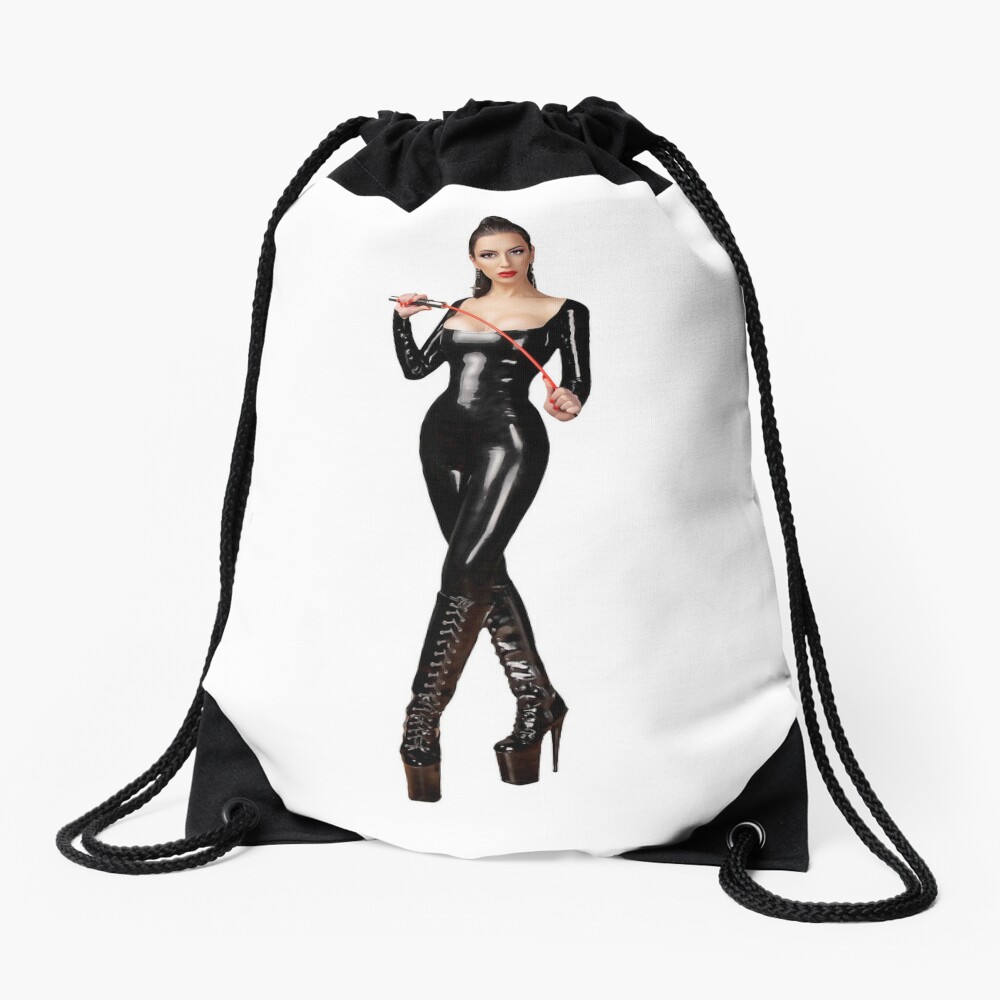 Busty Dominatrix in Latex Catsuit Holding Whip | Drawstring Bag