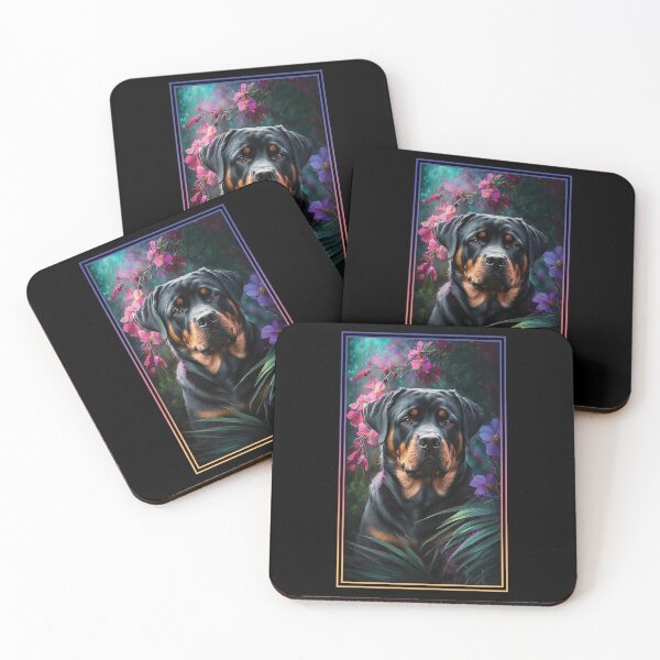 Artikelvorschau, Rottweiler Dog Vibrant Tropical Flower Tall Digital Oil Painting Portrait 2 entworfen und verkauft von arthouseflunky.