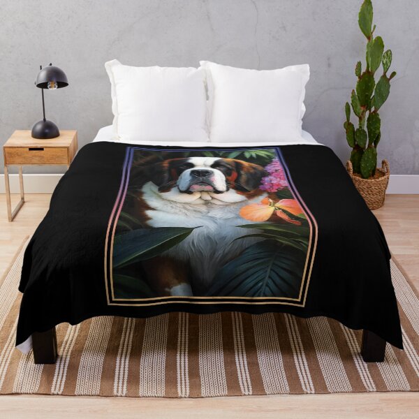 Item preview, Saint Bernard Dog Vibrant Tropical Flower Tall Digital Oil Painting Portrait  designed and sold by arthouseflunky.