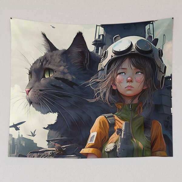 Item preview, Cyberpunk Post Apocalypse Anime Girl and Cat designed and sold by AIWanderer.