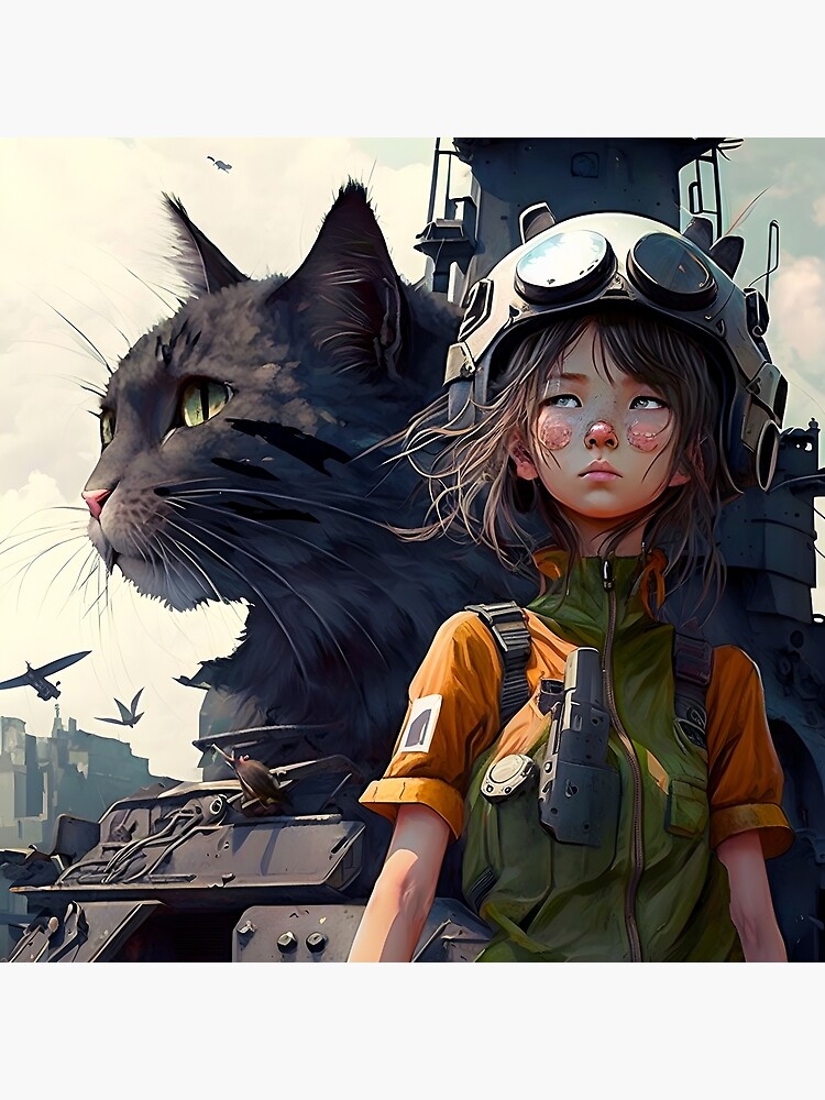 Cyberpunk Post Apocalypse Anime Girl and Cat