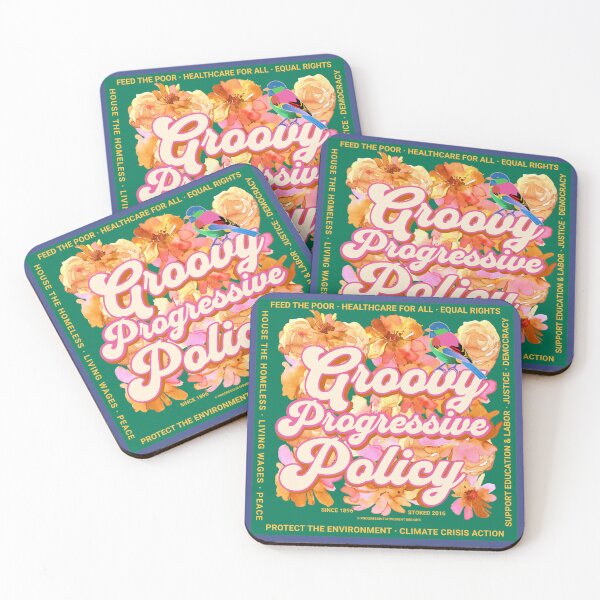 Item preview, PMD00577 Progressive Movement Designs Groovy vintage retro 1960s style flowers design with policy goals on green for progressive Democrats or Independents and Bernie Sanders supporters designed and sold by ProgressiveLeft.