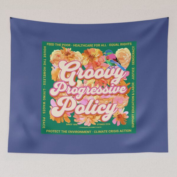 Item preview, PMD00577 Progressive Movement Designs Groovy vintage retro 1960s style flowers design with policy goals on green for progressive Democrats or Independents and Bernie Sanders supporters designed and sold by ProgressiveLeft.