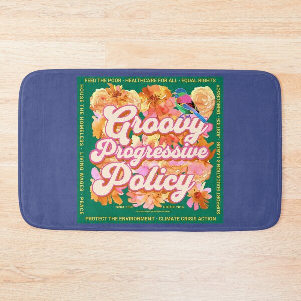 Item preview, PMD00577 Progressive Movement Designs Groovy vintage retro 1960s style flowers design with policy goals on green for progressive Democrats or Independents and Bernie Sanders supporters designed and sold by ProgressiveLeft.