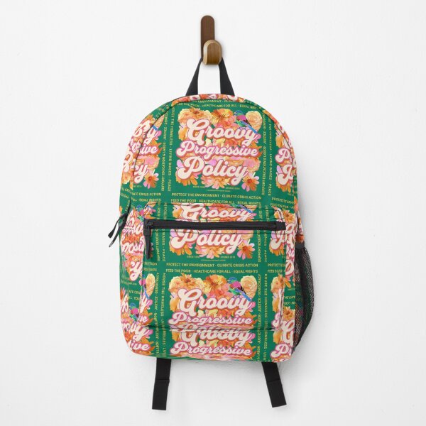 Item preview, PMD00577 Progressive Movement Designs Groovy vintage retro 1960s style flowers design with policy goals on green for progressive Democrats or Independents and Bernie Sanders supporters designed and sold by ProgressiveLeft.