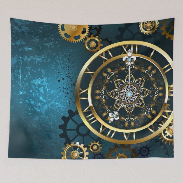 Item preview, Golden Clock on Turquoise Background ( Steampunk ) designed and sold by Blackmoon9.