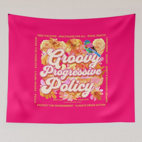 Item preview, PMD00581 Progressive Movement Designs Groovy vintage retro 1960s style floral design with goals on red for progressive Democrats or Independents and Bernie Sanders supporters designed and sold by ProgressiveLeft.