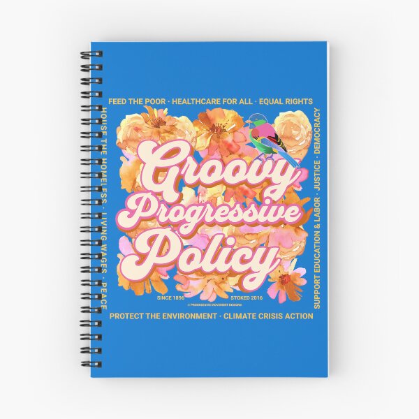Item preview, PMD00582 Progressive Movement Designs Groovy Progressive Policy 1960s style floral design with goals on blue for progressive Democrats or Independents and Bernie Sanders supporters designed and sold by ProgressiveLeft.