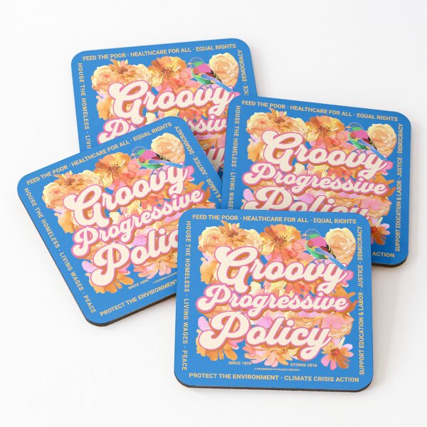 Item preview, PMD00582 Progressive Movement Designs Groovy Progressive Policy 1960s style floral design with goals on blue for progressive Democrats or Independents and Bernie Sanders supporters designed and sold by ProgressiveLeft.