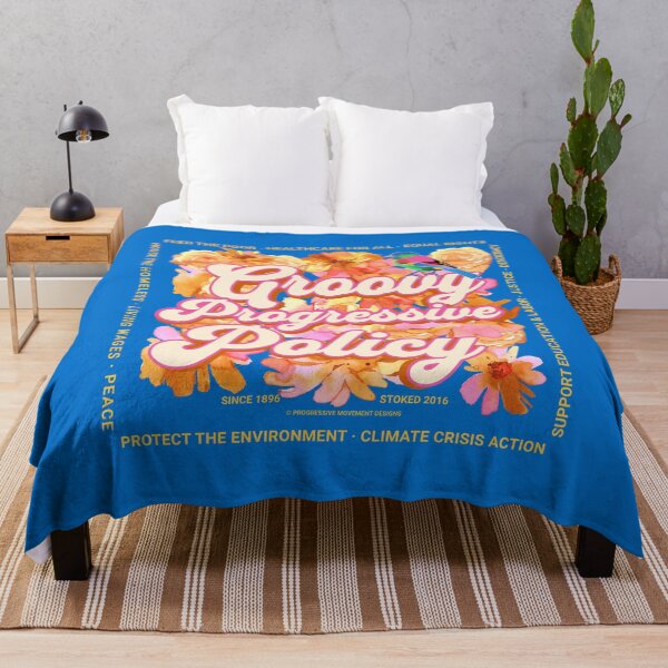 Item preview, PMD00582 Progressive Movement Designs Groovy Progressive Policy 1960s style floral design with goals on blue for progressive Democrats or Independents and Bernie Sanders supporters designed and sold by ProgressiveLeft.