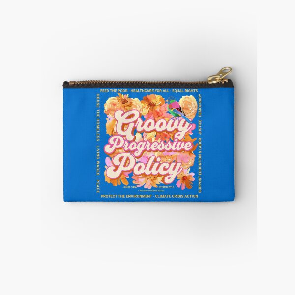Item preview, PMD00582 Progressive Movement Designs Groovy Progressive Policy 1960s style floral design with goals on blue for progressive Democrats or Independents and Bernie Sanders supporters designed and sold by ProgressiveLeft.