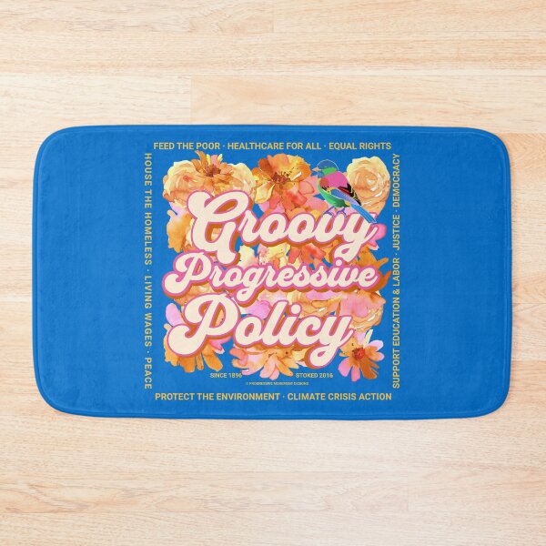 Item preview, PMD00582 Progressive Movement Designs Groovy Progressive Policy 1960s style floral design with goals on blue for progressive Democrats or Independents and Bernie Sanders supporters designed and sold by ProgressiveLeft.