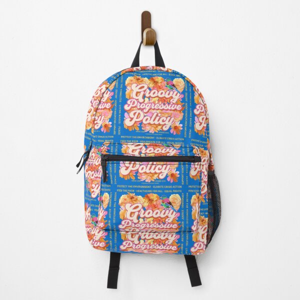 Item preview, PMD00582 Progressive Movement Designs Groovy Progressive Policy 1960s style floral design with goals on blue for progressive Democrats or Independents and Bernie Sanders supporters designed and sold by ProgressiveLeft.