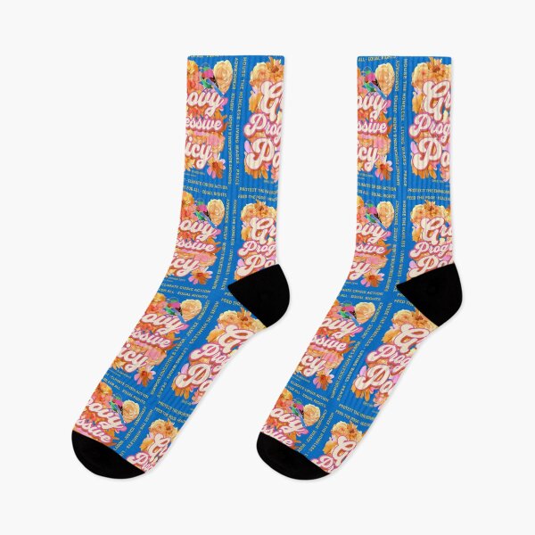 Item preview, PMD00582 Progressive Movement Designs Groovy Progressive Policy 1960s style floral design with goals on blue for progressive Democrats or Independents and Bernie Sanders supporters designed and sold by ProgressiveLeft.