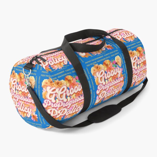 Item preview, PMD00582 Progressive Movement Designs Groovy Progressive Policy 1960s style floral design with goals on blue for progressive Democrats or Independents and Bernie Sanders supporters designed and sold by ProgressiveLeft.