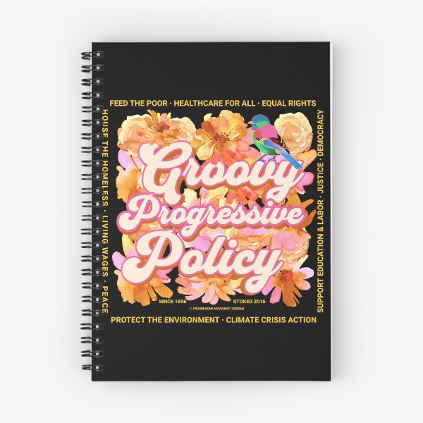 Item preview, PMD00583 Progressive Movement Designs Groovy Progressive Policy 1960s style floral design with goals on black for progressive Democrats or Independents and Bernie Sanders supporters designed and sold by ProgressiveLeft.