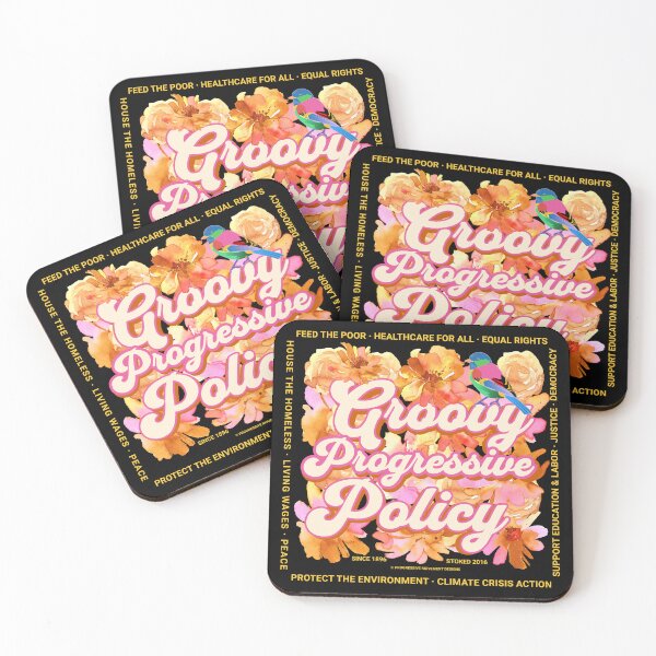 Item preview, PMD00583 Progressive Movement Designs Groovy Progressive Policy 1960s style floral design with goals on black for progressive Democrats or Independents and Bernie Sanders supporters designed and sold by ProgressiveLeft.