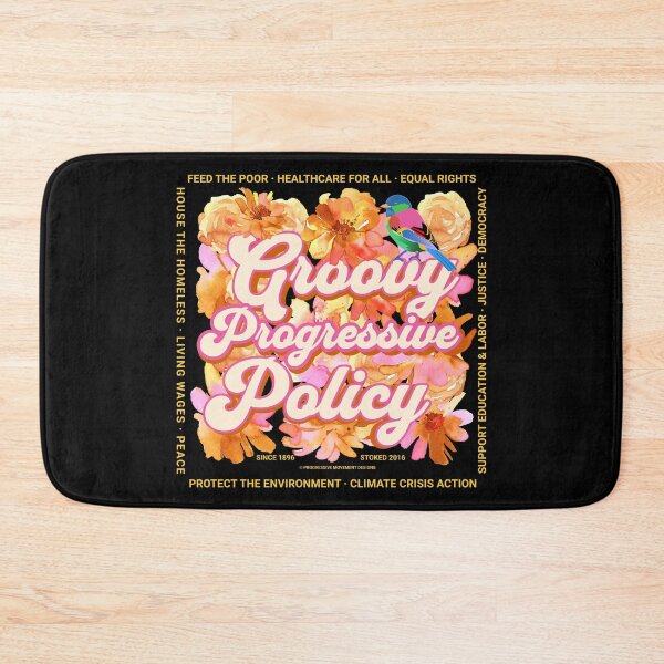 Item preview, PMD00583 Progressive Movement Designs Groovy Progressive Policy 1960s style floral design with goals on black for progressive Democrats or Independents and Bernie Sanders supporters designed and sold by ProgressiveLeft.