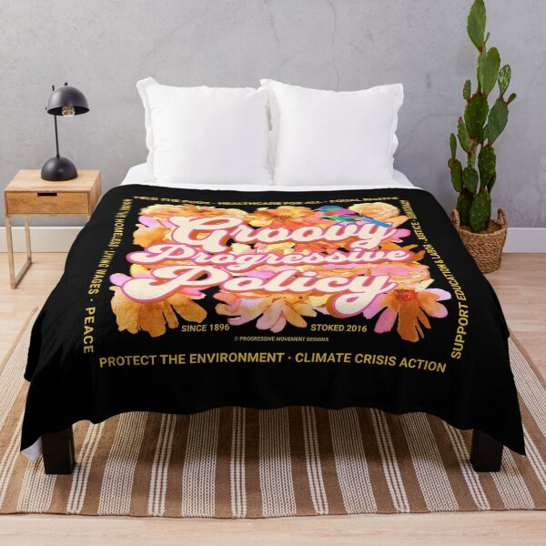 Item preview, PMD00583 Progressive Movement Designs Groovy Progressive Policy 1960s style floral design with goals on black for progressive Democrats or Independents and Bernie Sanders supporters designed and sold by ProgressiveLeft.