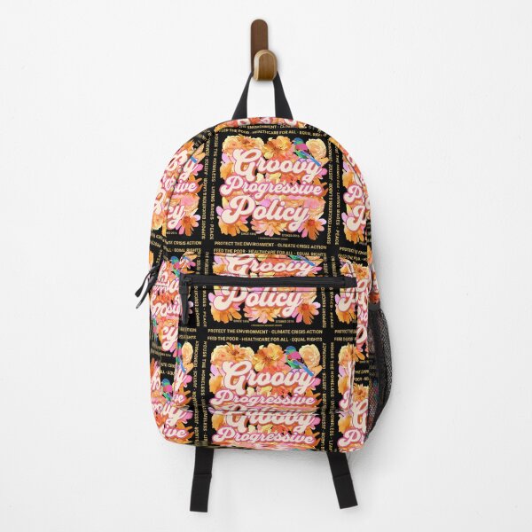 Item preview, PMD00583 Progressive Movement Designs Groovy Progressive Policy 1960s style floral design with goals on black for progressive Democrats or Independents and Bernie Sanders supporters designed and sold by ProgressiveLeft.