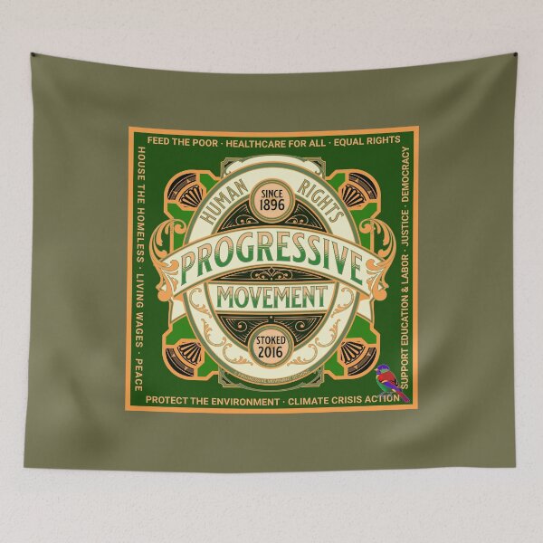 Item preview, PMD00592 Progressive Movement Designs Human Rights and 12 policy goals for progressive Democrats Independents and Bernie Sanders supporters with retro vintage ornate style badge on green designed and sold by ProgressiveLeft.