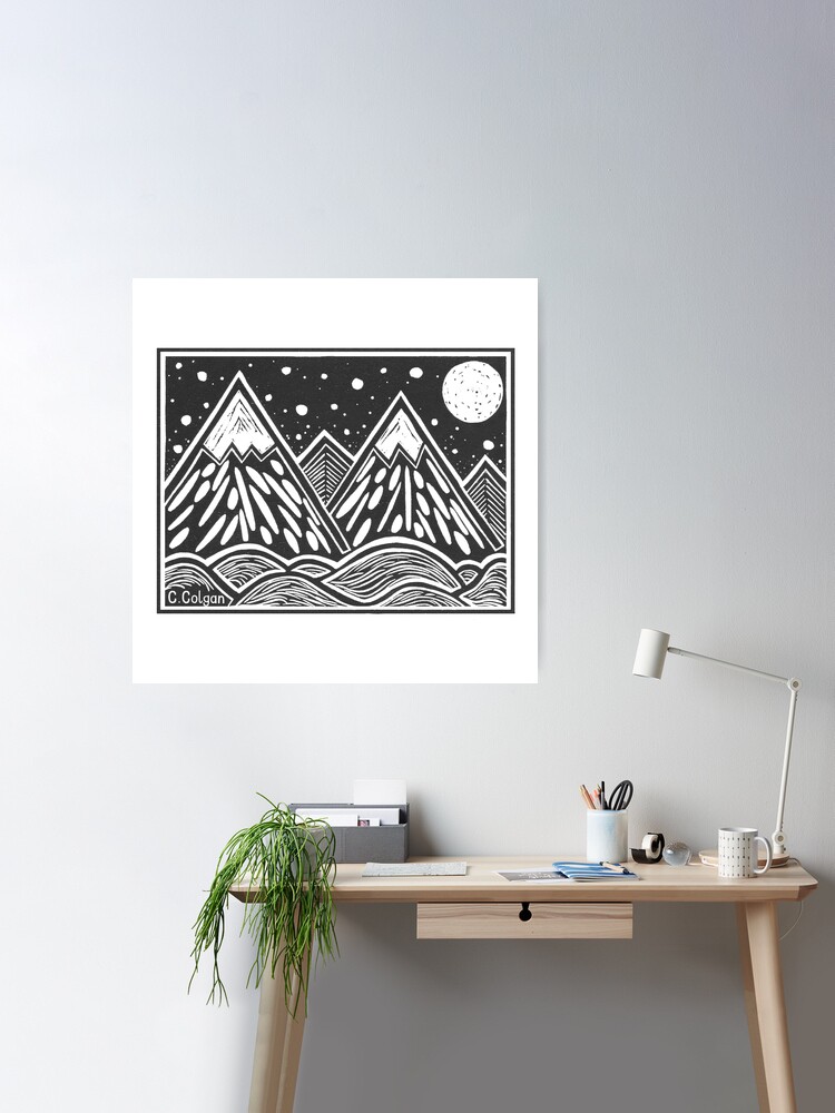 Linocut Print - Mountain & Moon - Large Framed Block Print Wall