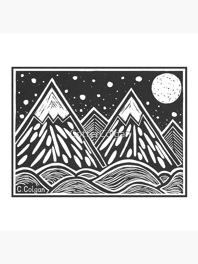 Linocut Print - Mountain & Moon - Large Framed Block Print Wall