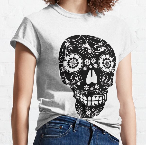 Black Floral Sugar Skull | Mexican Dia de los Muertos Classic T-Shirt