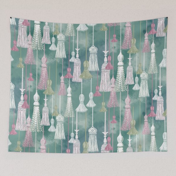 Item preview, Tassels in white and pink on a green watercolor background designed and sold by Katj-A-Studio.