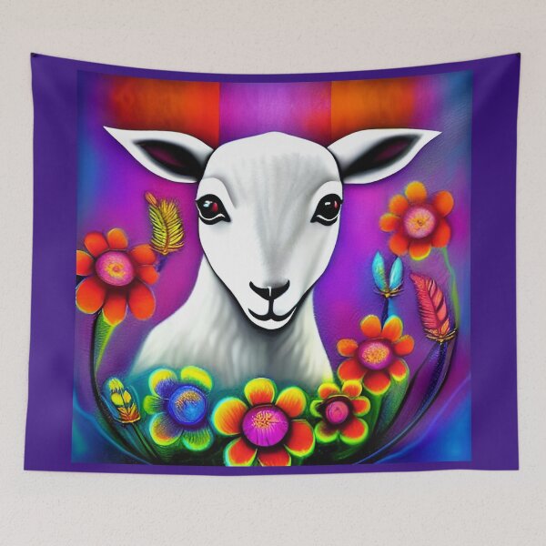 Item preview, Little Lamb with Flowers and Feathers | Goat | Sheep Goat designed and sold by ArtistsQuest.