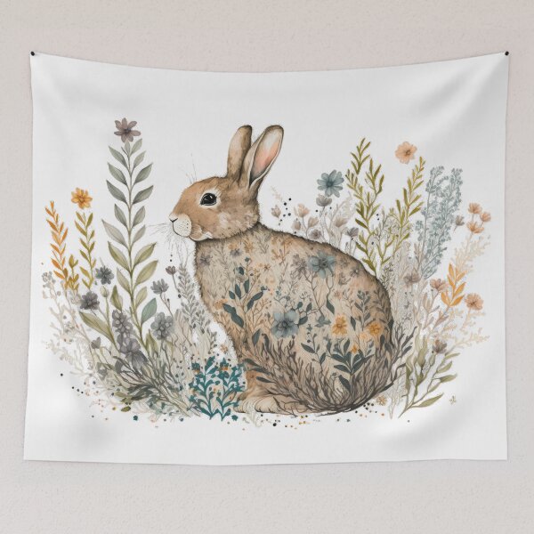 Item preview, Floral Garden Botanical Print with wild flowers Easter Bunny Rabbit designed and sold by FloralFancy.