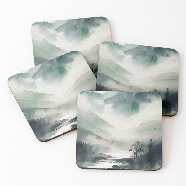 Item preview, Misty Mountains: Rustic Green Landscape Watercolor Painting designed and sold by InkSquares.