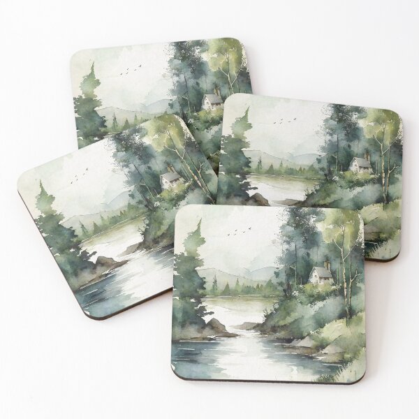 Item preview, Mountain House: Rustic Green Landscape Watercolor Painting designed and sold by InkSquares.