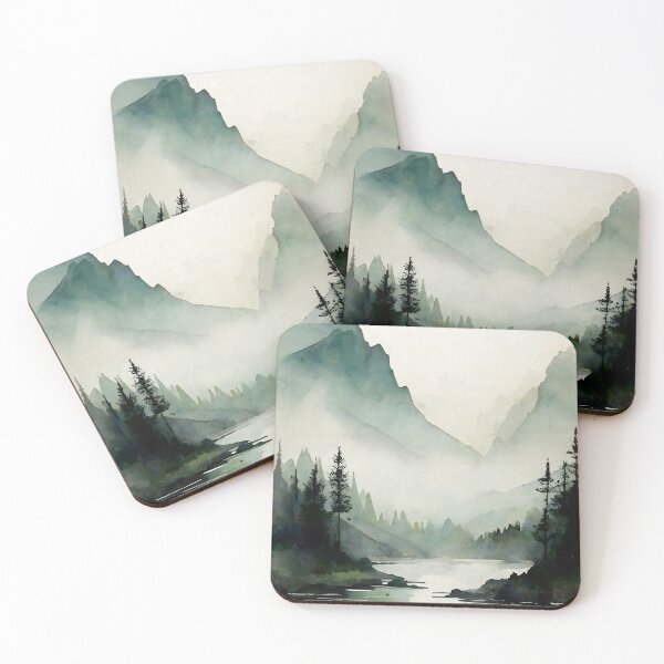 Item preview, Mountain River: Rustic Green Landscape Watercolor Painting designed and sold by InkSquares.