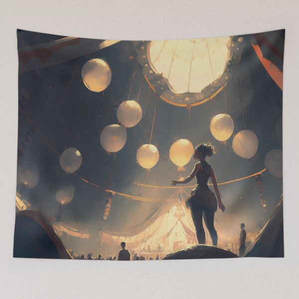 Item preview, Showtime Spectacular: A Vibrant Digital Painting of Circus Performers and Their Colorful Interior designed and sold by oanaunciuleanu.