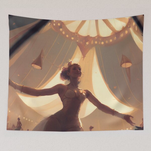 Item preview, Showtime Spectacular: A Vibrant Digital Painting of Circus Performers and Their Colorful Interior designed and sold by oanaunciuleanu.