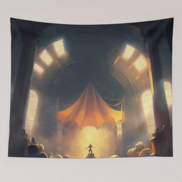 Item preview, Showtime Spectacular: A Vibrant Digital Painting of Circus Performers and Their Colorful Interior designed and sold by oanaunciuleanu.