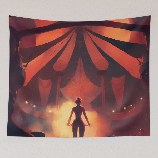 Item preview, Showtime Spectacular: A Vibrant Digital Painting of Circus Performers and Their Colorful Interior designed and sold by oanaunciuleanu.