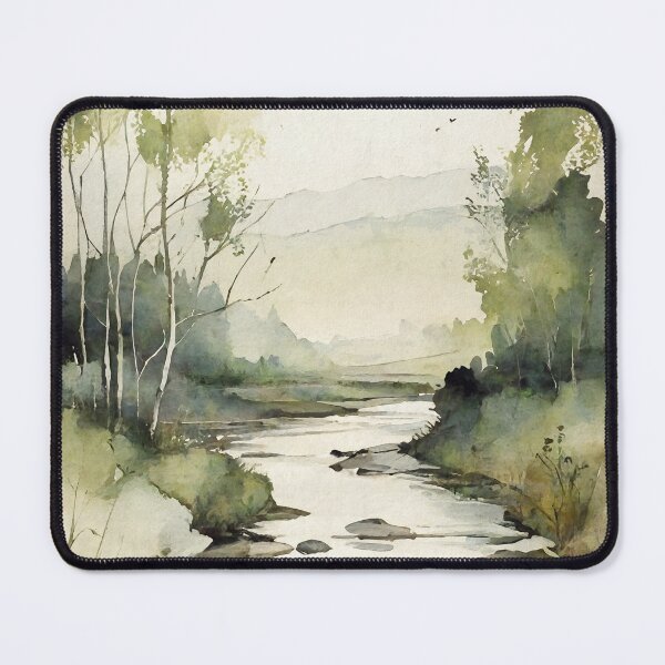 Item preview, Misty Sunrise: Rustic River Landscape Watercolor Painting designed and sold by InkSquares.