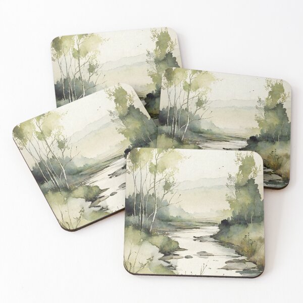 Item preview, Misty Sunrise: Rustic River Landscape Watercolor Painting designed and sold by InkSquares.