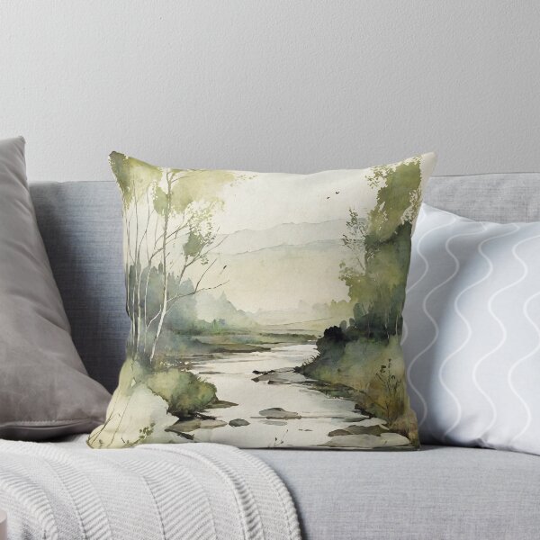 Item preview, Misty Sunrise: Rustic River Landscape Watercolor Painting designed and sold by InkSquares.