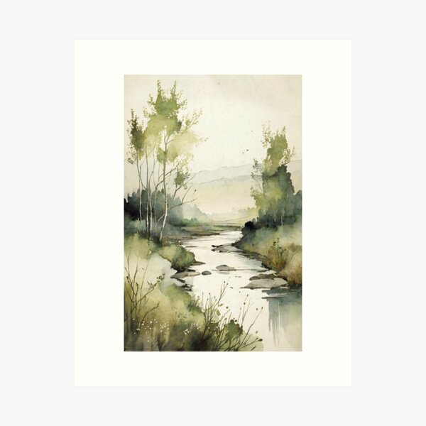 Aperçu de l'œuvre Misty Sunrise: Peinture à l'aquarelle de paysage de rivière rustique créée et vendue par InkSquares.