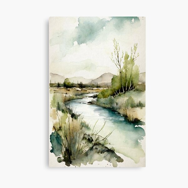Item preview, Misty Sunrise: Beautiful Rustic Landscape Watercolor Painting designed and sold by InkSquares.