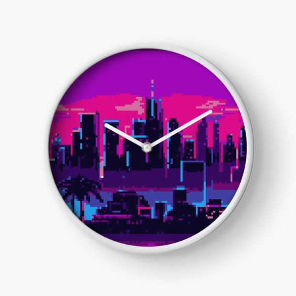 Vaporwave Neon City Pixel Art Clock