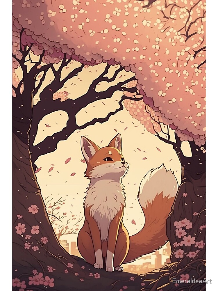 Fox under a Sakura tree, anime style