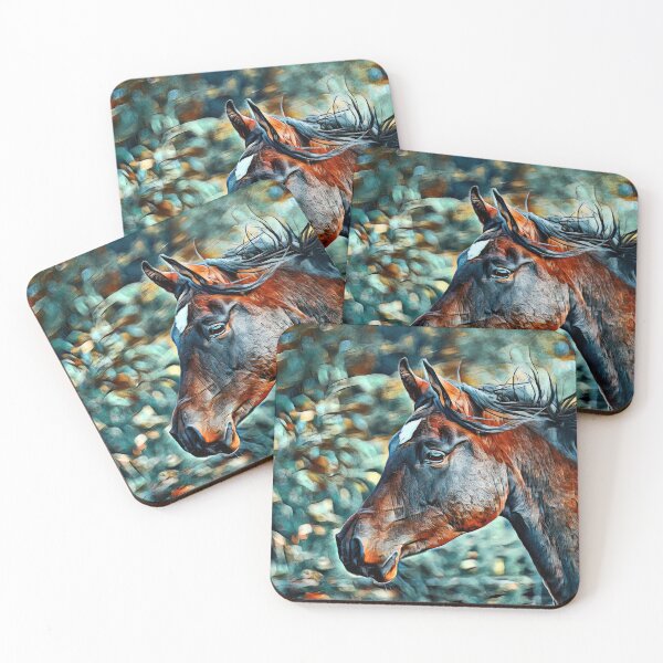 Item preview, Colorful portrait of a thoroughbred horse in cyan and brown designed and sold by NickoPrints.