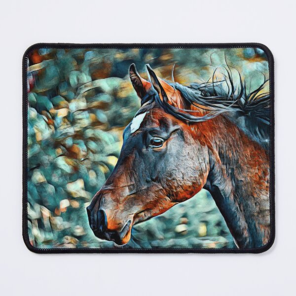Item preview, Colorful portrait of a thoroughbred horse in cyan and brown designed and sold by NickoPrints.